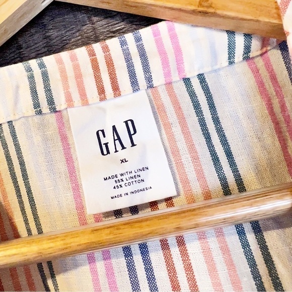 GAP Rainbow Striped Button Up Tie Front Linen Blend Short Sleeve Shirt - Picture 3 of 5